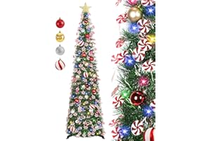 HMASYO 5 FT Pop Up Christmas Tree with Timer Lights and Decorations, Green Tinsel Christmas Tree with Candy and 24 Balls Orna