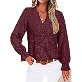 RUMIA Womens Blouses V Neck Eyelet Lace Tops with Lining Dressy Sheer Long Sleeve Shirts Embroidered Blouses 2025 Fashion