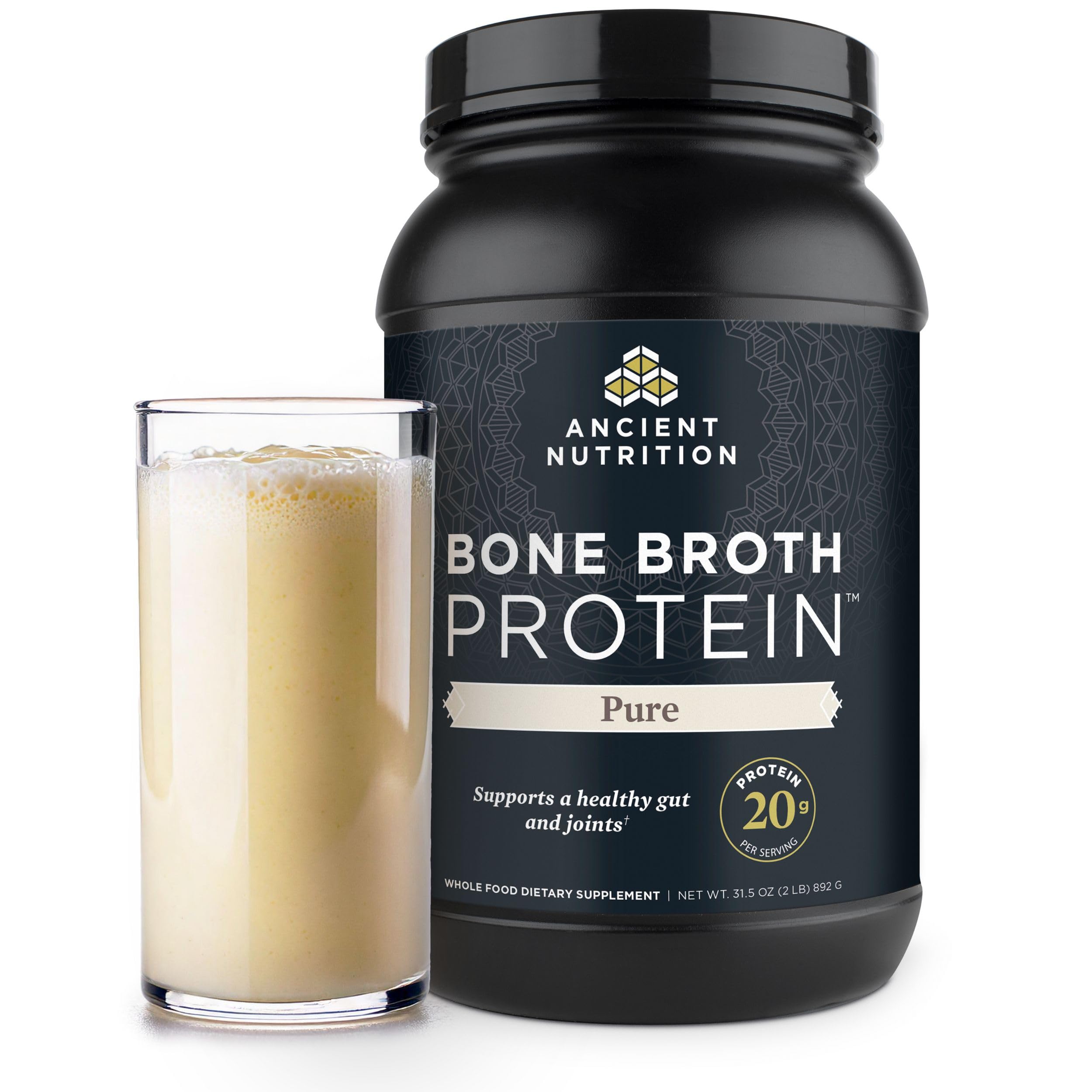 Ancient Nutrition Grass Fed, Cage Free, Bone Broth Protein Powder, 20g Protein, Hydrolyzed Collagen Peptides, Keto & Paleo Friendly, Supports Joint & Gut Health, Pure, 40 Servings