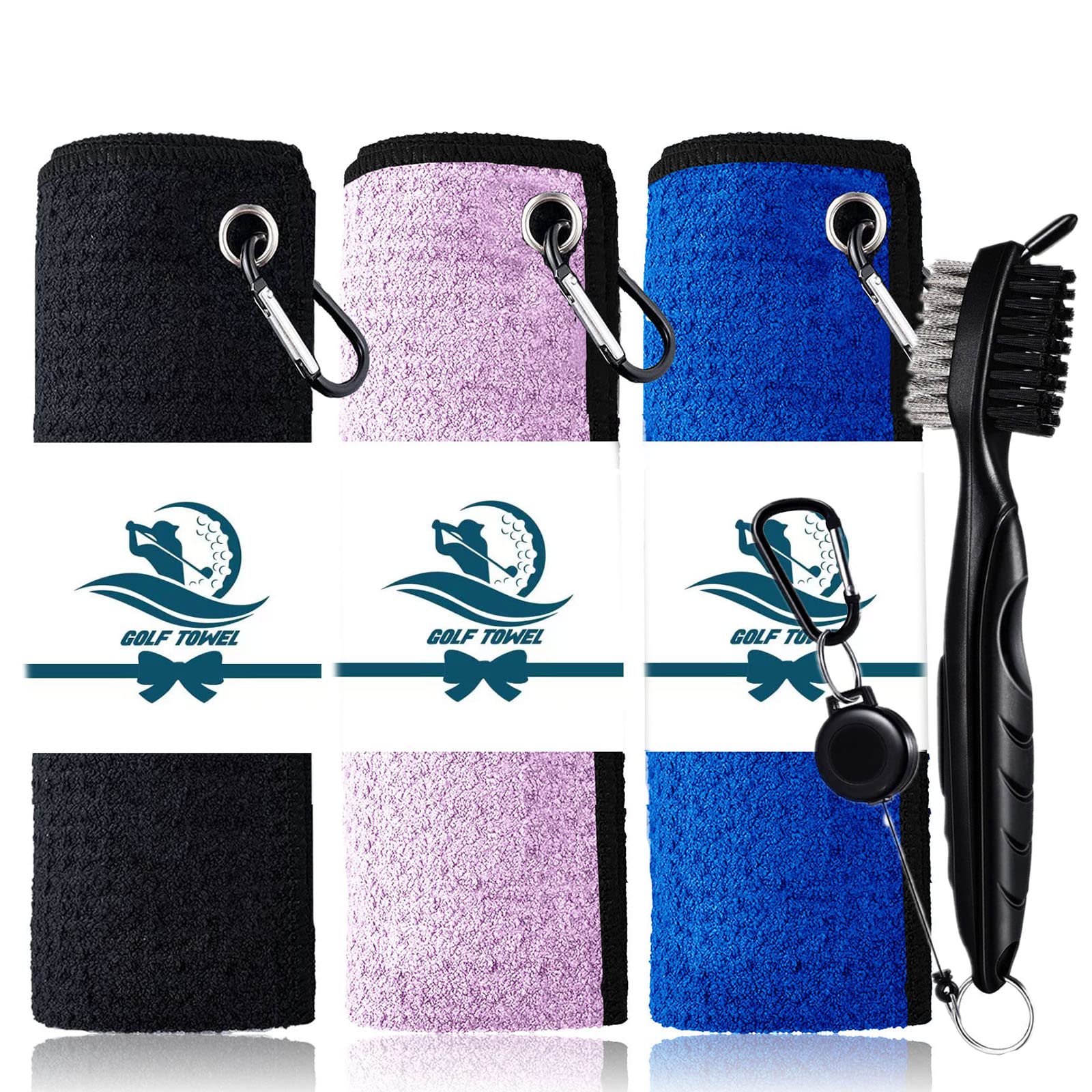 FINGER TEN Golf Towels 3 Pack Microfiber Fabric Waffle PatternTri-Fold 16“x16”with Golf Club Brush Tool Value Set, Golf Cleaning Towel Superior Water Absorption Quick Dry (Black&Blue&Purple)