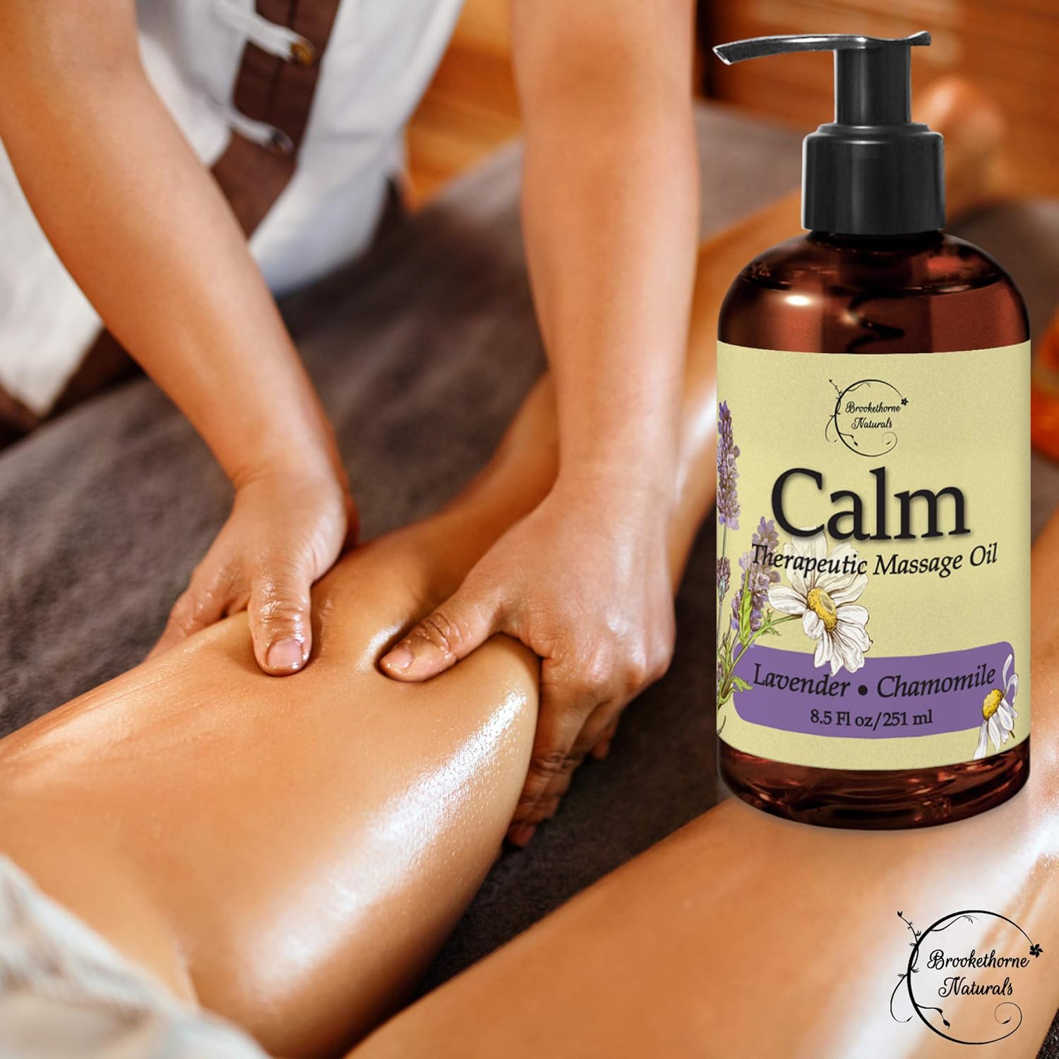 Calm Massage Oil with Lavender & Chamomile Essential Oils to Relax Sore Muscles - For Massage Therapy & Home use – with Coconut, Grapeseed & Jojoba Oils for Smooth Skin– Brookethorne Naturals - 8.5oz : Beauty