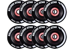 Rollerex ST360 92A 54mm x 32mm Roller Skate Wheels (8-Pack w/Bearings, Spacers and Washers) (Color Options) - Indoor Outdoor - Use for Quad Skate Wheel Replacement (Steel Black)