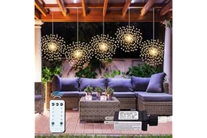 PXBNIUYA 5 Pack 1000LED Plug in Starburst Sphere Lights,Firework Lights 8 Modes Dimmable Remote Control Waterproof Hanging Fairy Light, Copper Wire Lights for Patio Party Tent Christmas (Warm White)