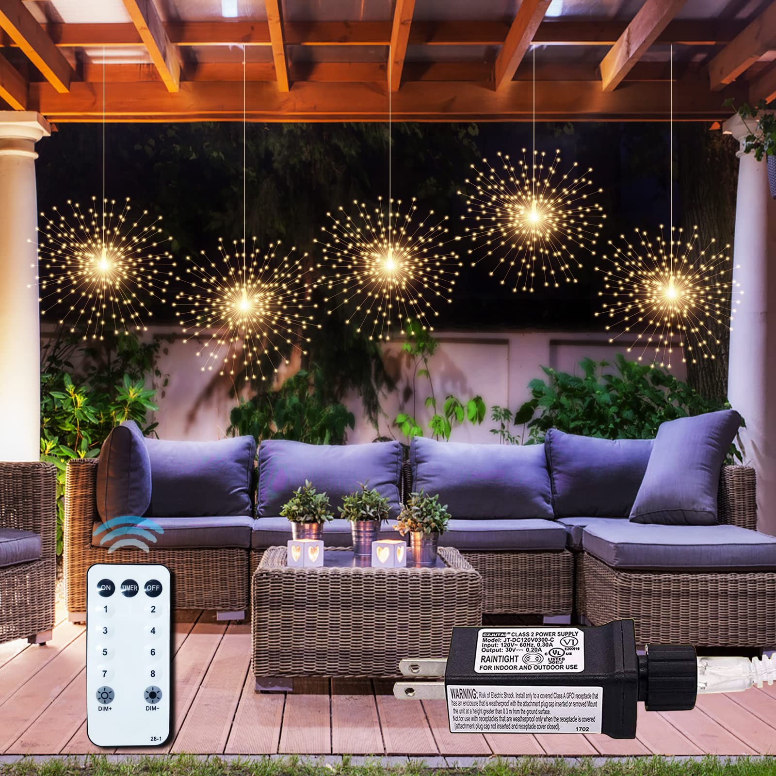 Photo 1 of *Untested*
PXBNIUYA 5 Pcs 1000LED Plug in Starburst Sphere Lights,Firework Light 8 Modes Dimmable Remote Control Waterproof Hanging Copper Wire Fairy Light for Patio Party Tent Christmas (Warm White)