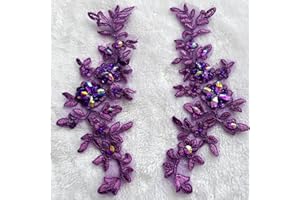 Zbroh Fine Lace Fabric Patches Embroidered Rhinestones Trim Applique Decor Dress Decoration sew on Sequins Beads Accessory one Pair (deeppurple)