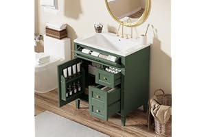 Linique 30" Bathroom Vanity with Sink Combo Set, Solid Wood Frame Bathroom Storage Cabinet with 2 Drawers and a Tip-Out Drawer, Soft Closing Cabinet Door with Organizer, Green