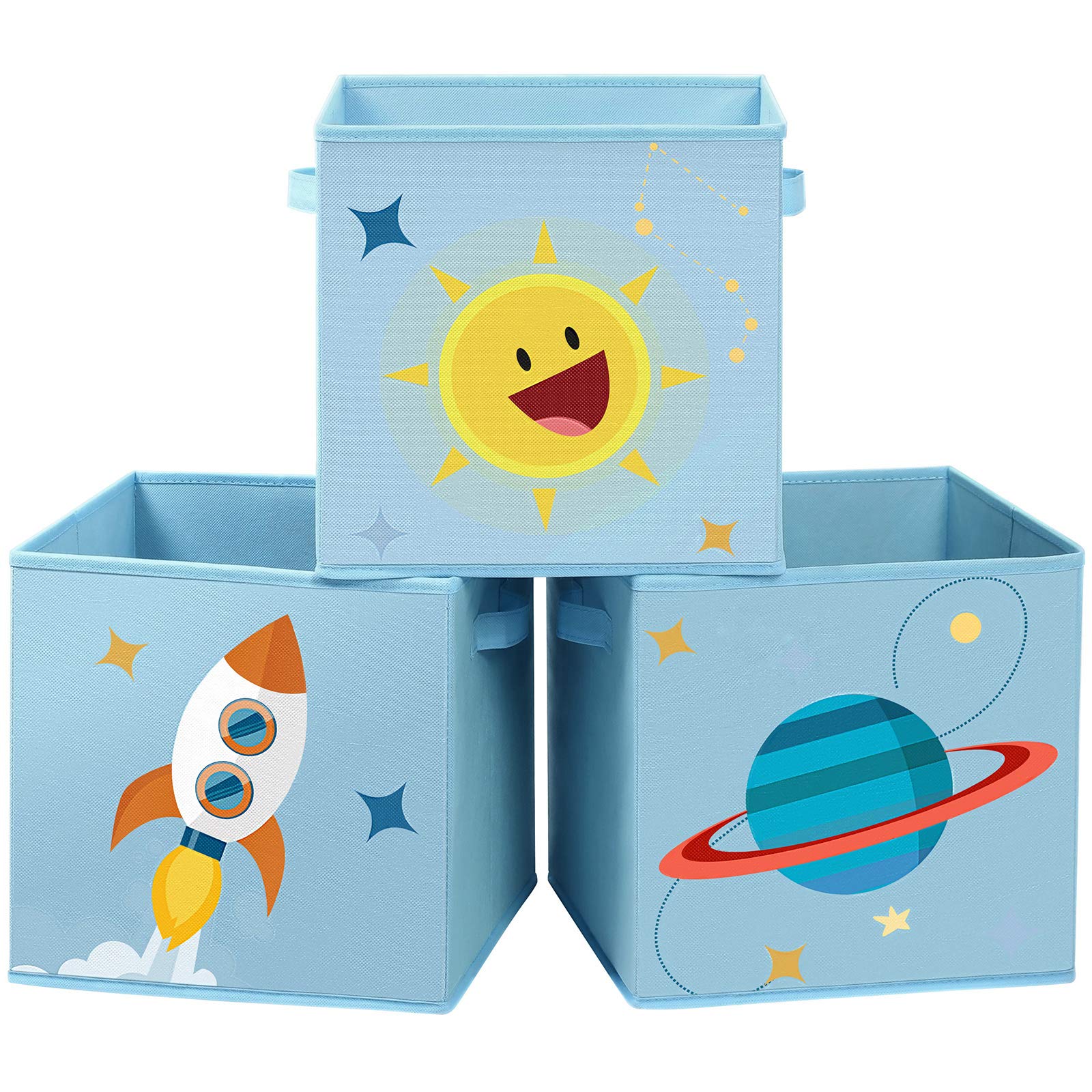 SONGMICS Storage Boxes, Set of 3, Toy Organiser Boxes, Foldable Storage Cubes with Two Handles, for Kid’s Room, Playroom, Bedroom, 30 x 30 x 30 cm, Space Theme, Blue RFB001B03