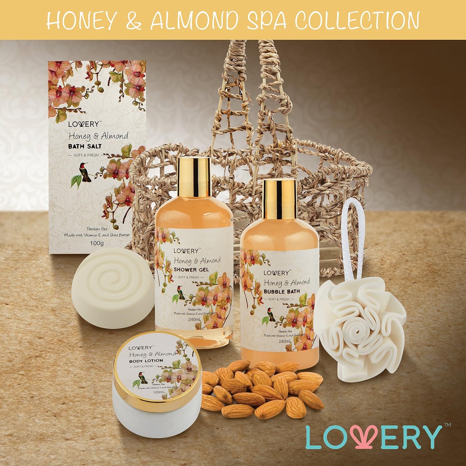 Home Spa Gift Basket - Honey & Almond Scent - Luxury Bath & Body Set For Women and Men - Contains Shower Gel, Bubble Bath, Body Lotion, Bath Salt, Bath Bomb, Bath Puff & Handmade Weaved Basket : Beauty