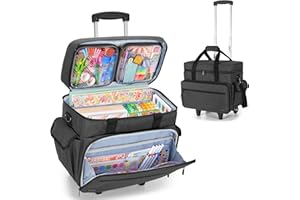 Teamoy Rolling Scrapbook Tote with Detachable Wheels, Rolling Craft Bag with Bottom Wooden Pad, Scrapbook Storage Bag for Wom