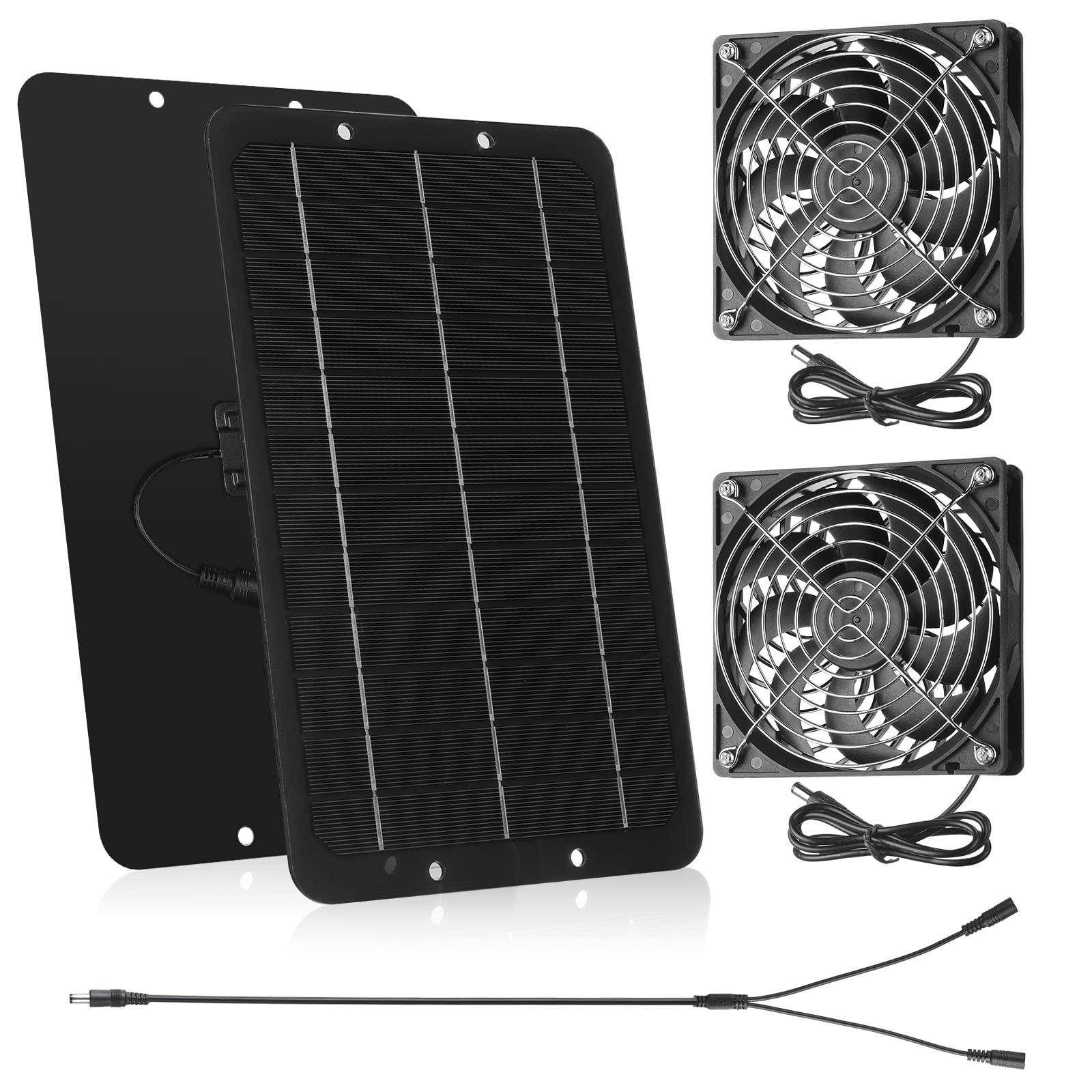 Photo 1 of Riakrum Solar Powered Fan Solar Panel Dual Fans Kit 10w 12v Exhaust Fan Outdoor Waterproof for Greenhouse Chicken Coop Pet House Sheds Window(1 Set)