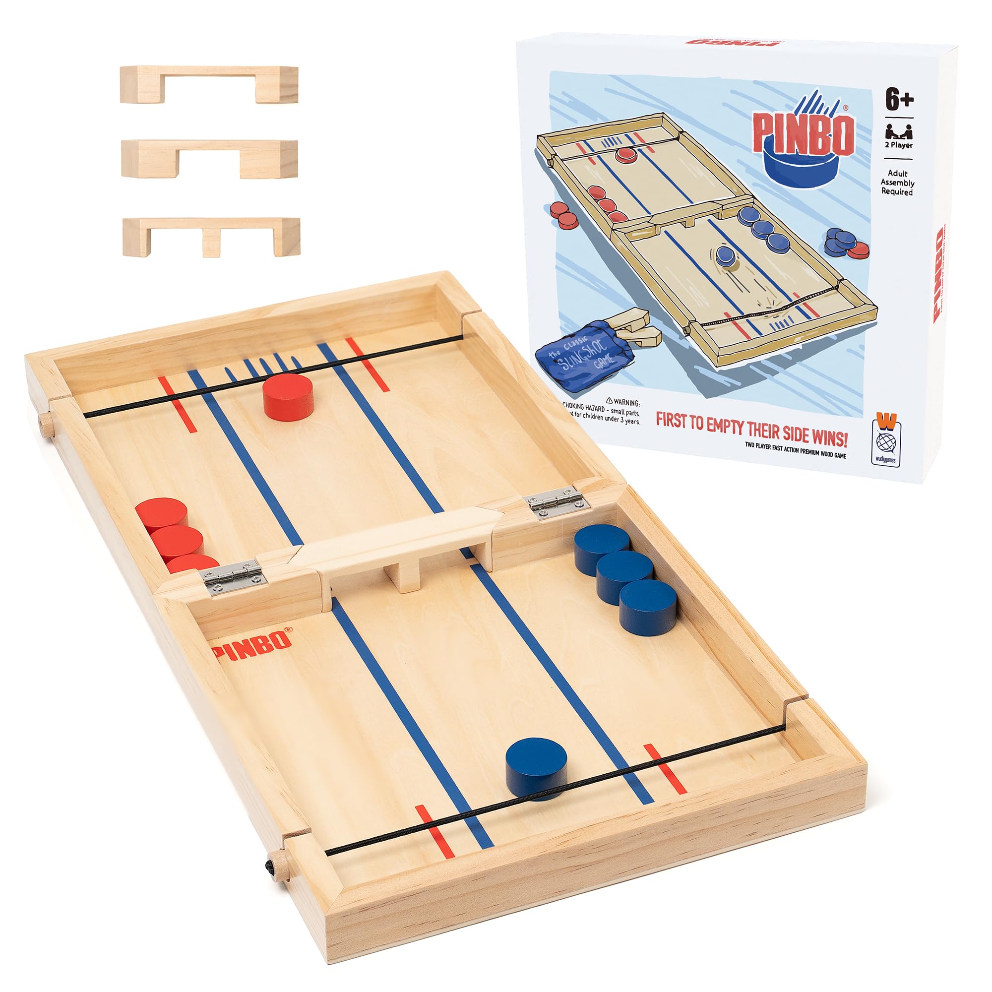 Pinbo The Classic Slingshot Game | Fast Action Foldable 2-Player Tabletop Wooden Game for Kids & Adults | Great for Travel & Game Night | Three Gates Included