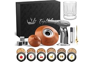 TOPVELO Cocktail Smoker Kit with Torch and Whiskey Glass, 6 Flavors Wood Chips and 3 Whisky Stones for Whiskey & Bourbon, Gift for Husband, Birthday Gift (No Butane), Brown