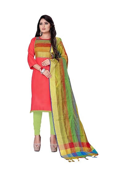 Leeza Store Women Unstitched Cotton Suit With Banarasi Dupatta (Pink Color_Free Size)