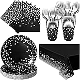 Serves 25 Guests Black and Silver Paper Plates Napkins Party Supplies,9-inch Silver Dot Black Paper Plates Napkins Cups Tablecloths for Father’s Day Prom Retirement Wedding Birthday Party