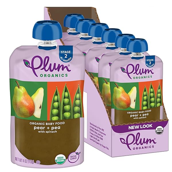 PLUM ORGANICS STAGE 2 ORGANIC BABY FOOD – PEAR + PEA WITH SPINACH – 4 OZ POUCH (PACK OF 6) – ORGANIC FRUIT AND VEGETABLE BABY FOOD POUCH