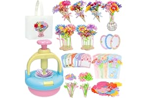 PRE-WORLD Flowers Craft Kit for Girls Ages 3-12, DIY Flower Bouquet Maker Machine with 120 Fabric Petals, 14 Greeting Cards, Gift Wrap, Vase & Storage Bag, Creative Floral Arts and Crafts Toy for Kids