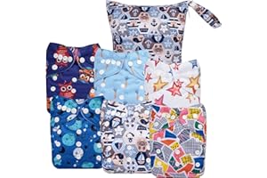 ALVA 6 Pack Cloth Diaper with 12 Inserts One Size Adjustable Washable Reusable Diaper Cover for Baby Girls and Boys
