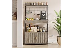 Bestier Bakers Rack with Power Outlet, 45" to 55" Height Adjustable Microwave Stand with Storage Cabinet, Coffee Bar Cabinet Kitchen Rack with LED Lights and 10 S-Shaped Hooks, Grey