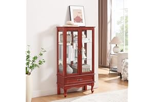 CKEASEAN Curio Accent Storage Cabinet with Adjustable Glass Shelves, Mirrored Back Panel & Tempered Glass Doors Vintage Lighted Accent Cabinet 3-Tier Book Case for Living Room (52 inch, Cherry)