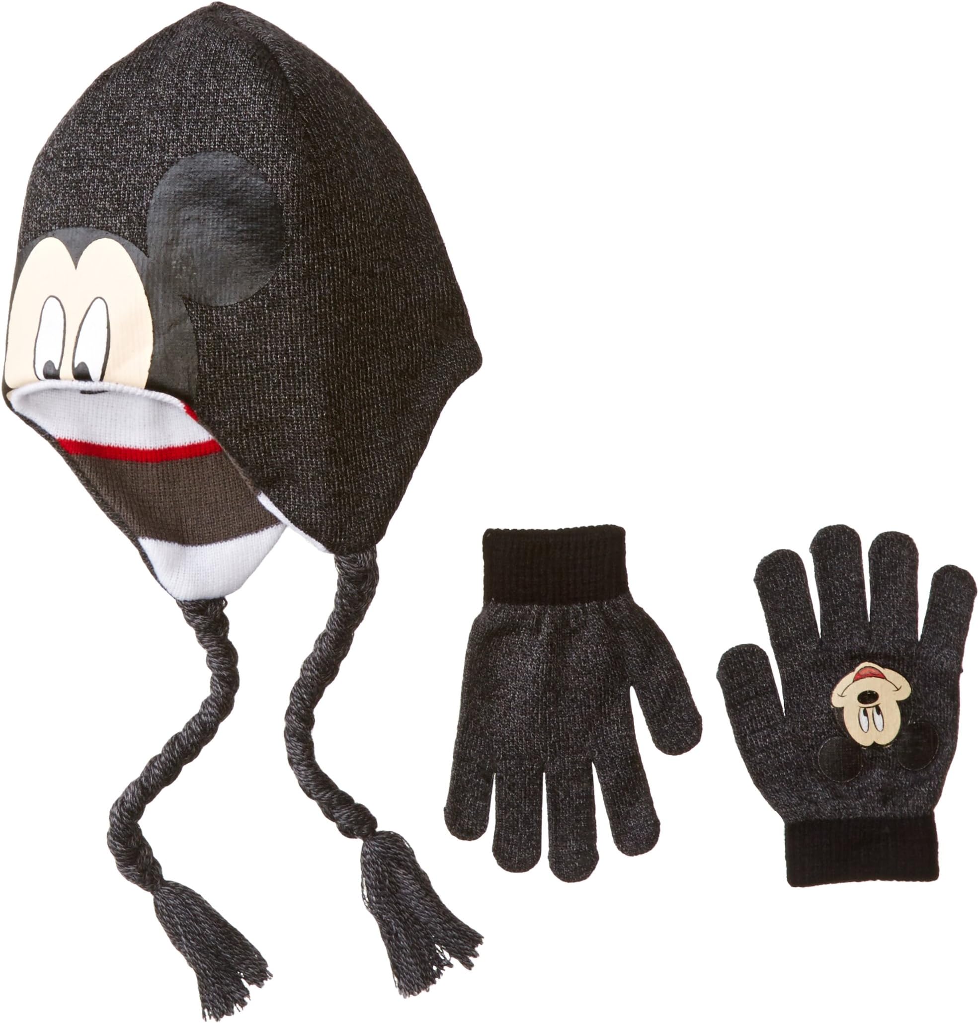 Disney Big Boys' Mickey Mouse Reversible Knit Peruvian and Glove Set, Black, One Size