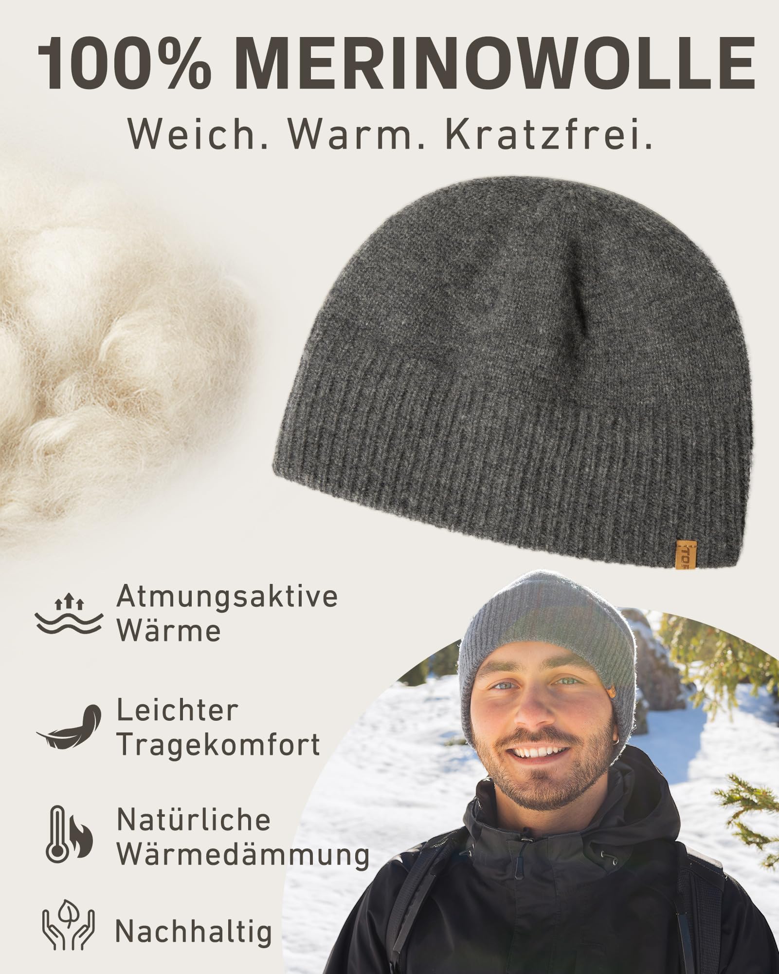 TOP-EX XL/XXL 100% Merinowolle Beanie Mütze, Wintermuetze Herren Damen, Fisherman Beanie Trawler Mütze, Strickmuetze, Warme Fleece Futter Grau XL/XXL 2