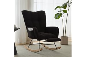 ETCZOYE Nursery Rocking Chair Teddy Upholstered Glider Rocker with Footrest Accent Chair with High Backrest Armchair Comfy Side Pocket Chair for Living Room, Bedroom, Offices (Large Black)