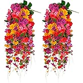Artificial Flowers for Outdoors 3 Pack Fake Hanging Plants with Faux Hibiscus Flowers Summer Fall Decor UV Resistant Silk Leaves for Indoor Outdoor Front Door Porch Patio Planter Decor