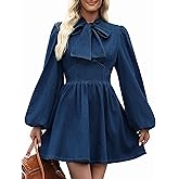 POLIRO Denim Dress for Women, Puff Long Sleeve Jean Dresses Bow Tie Babydoll Denim Mini Dress