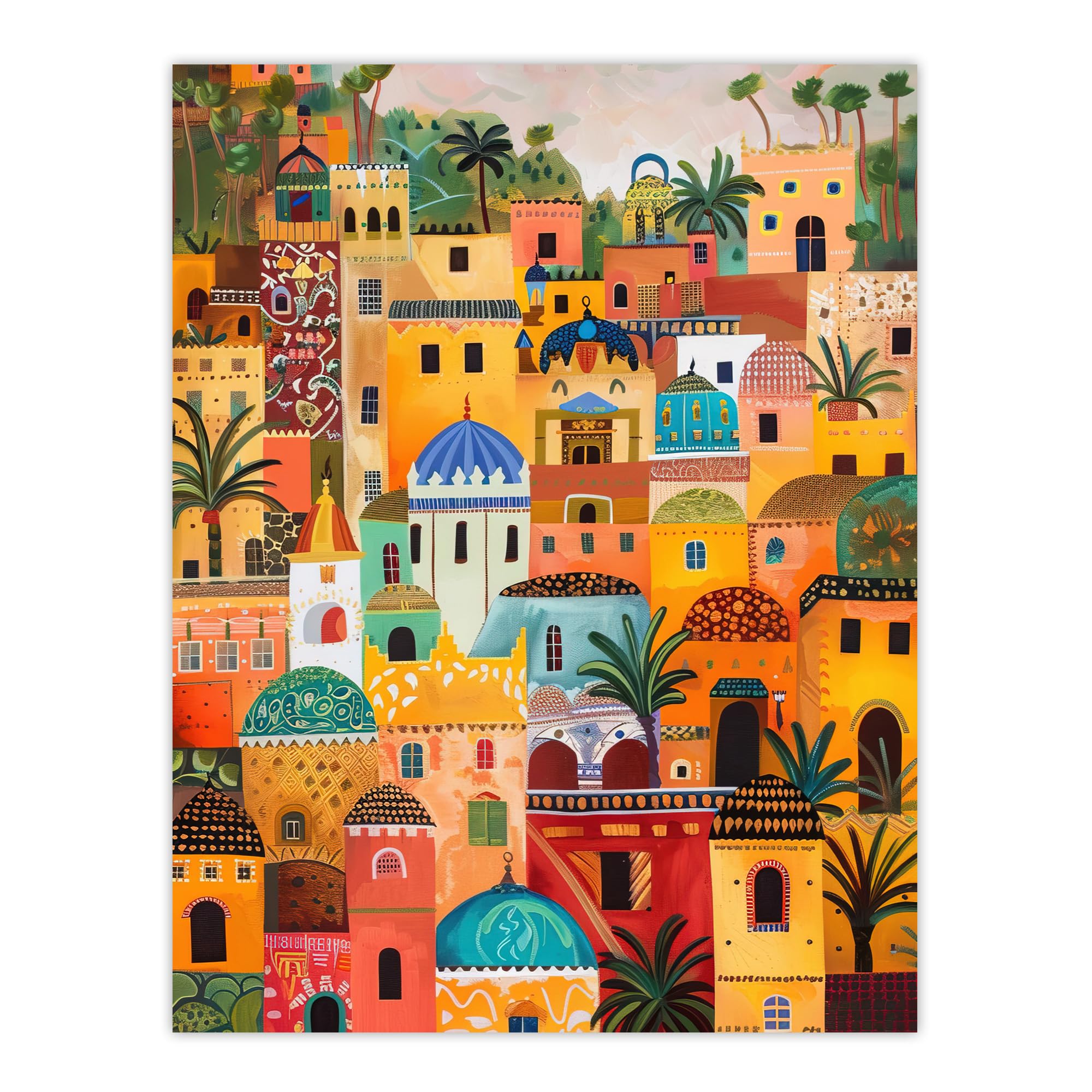 Artery8 Colourful Moroccan Cityscape Painting Exotic Sun Living Room Extra Large XL Wall Art Poster Print