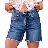 luvamia Jean Shorts for Women High Waisted Stretchy Frayed Hem Denim Jorts | 6 Inch Inseam, Trendy, Casual, Mid Thigh Denim Shorts, High Rise, Stretch, Frayed Raw Hem, Summer Vacation Outfits for Women