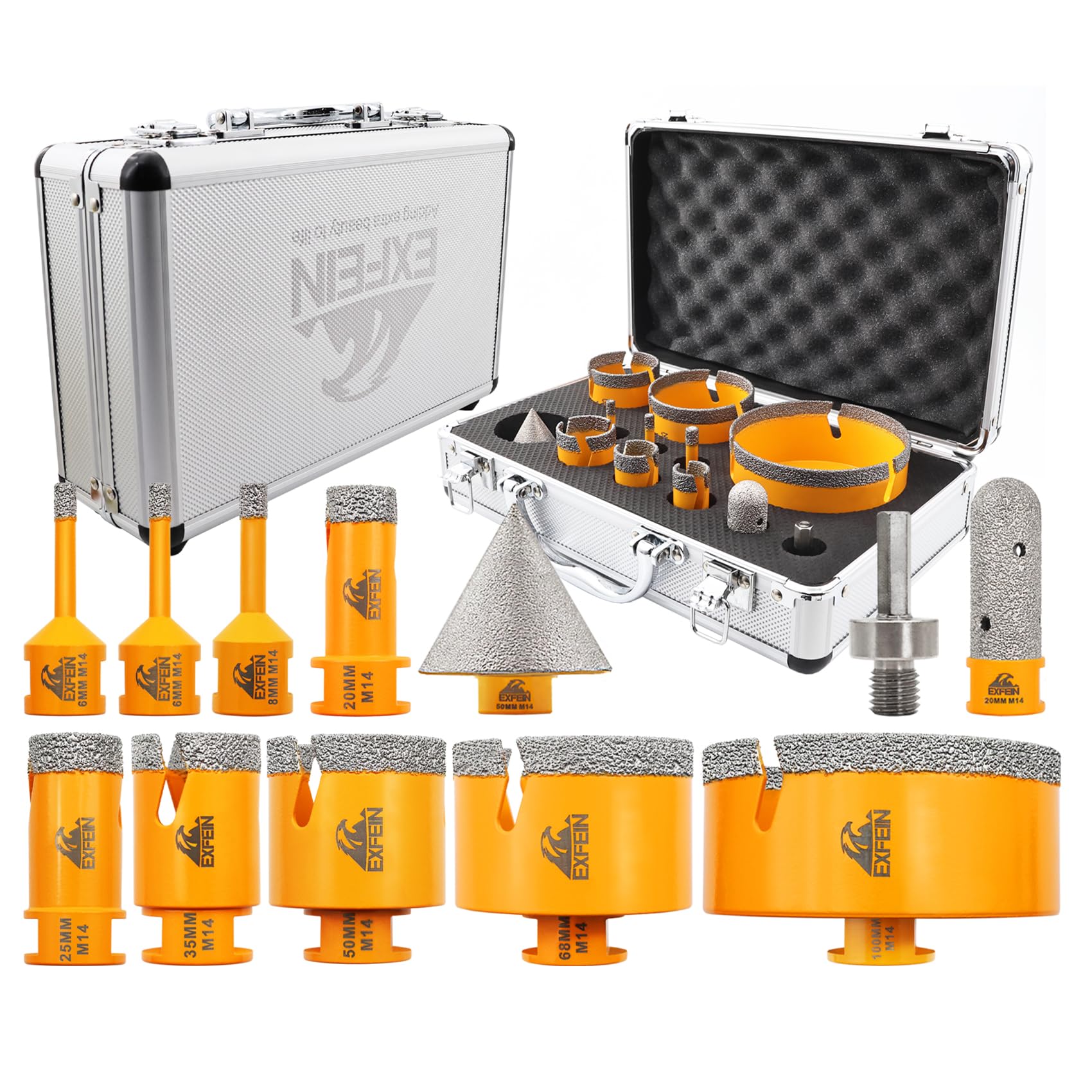 Diamant Fliesenbohrer Set 12 Stücke, 6/6/8/20/25/35/50/68/100MM EXFEIN M14 Diamantbohrer Lochsäge, 20mm Fingerfräser, 50mm Fasenfräser, Adapter für Fliesen Keramik Porzellan Marmor Granit