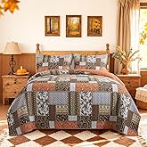 BEDIFANY Cotton California King Size Quilt for Farmhouse- Fall Patchwork Bedspread Set - Highly-Woven Soft Reversible Oversized King Size Coverlet for All Seasons (Floral Orange) 3 Pieces