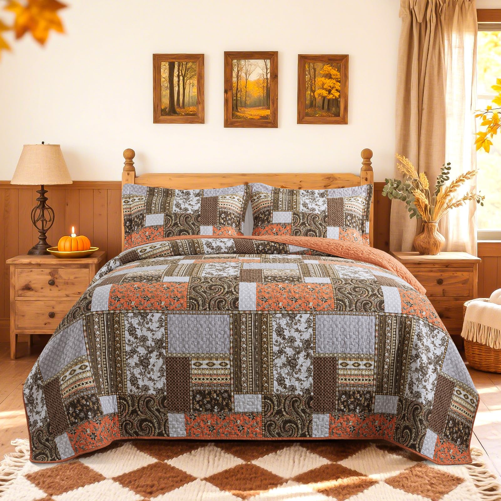 BEDIFANY Cotton California King Size Quilt for Farmhouse- Fall Patchwork Bedspread Set - Highly-Woven Soft Reversible Oversized King Size Coverlet for All Seasons (Floral Orange) 3 Pieces Image