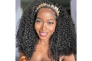 XSY Headband Wig Human Hair Kinky Curly 20 Inch Headband Wigs for Black Women Deep Curly Human Hair Wigs None Lace Front Wig 150% Density Natural Black Color