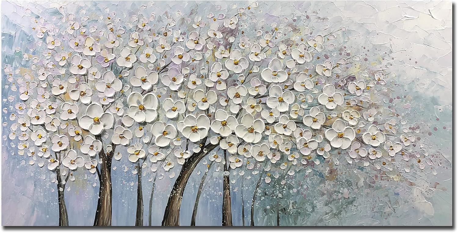 Paintings - MUWU Canvas Paintings, 24X48 Inch Texture Palette Knife Paintings Orchid Flowers Modern Home Decor Wall Art Acrylic 3D Flowers Artwork for Livingroom Wood Inside Framed Ready to Hang