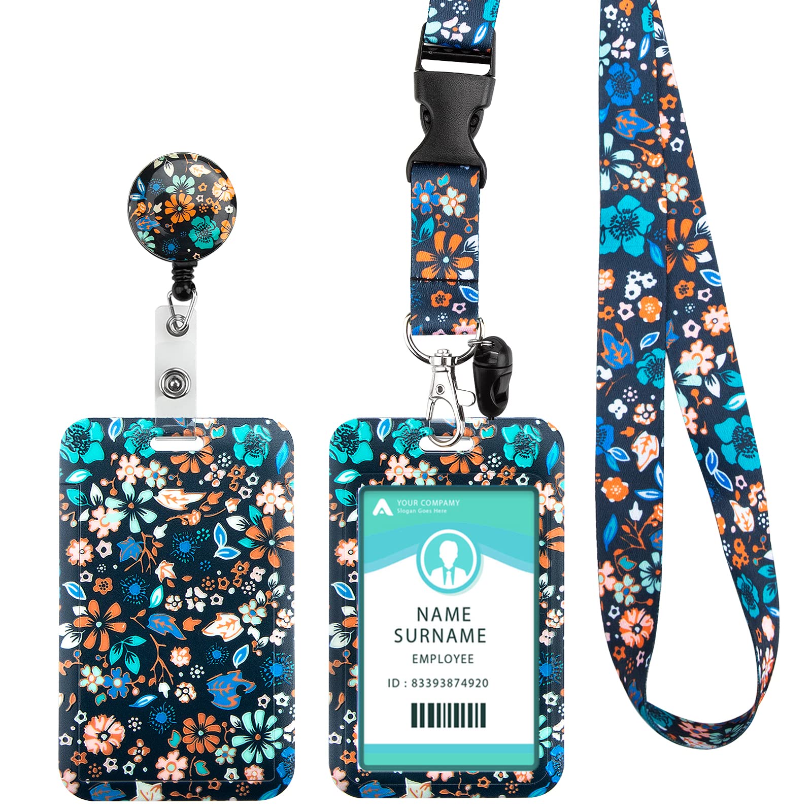Lanyard with Card Holder, Adjustable Retractable Lanyards ID Badge Holder, for ID Card, Office, School(Black Flower) — image 1