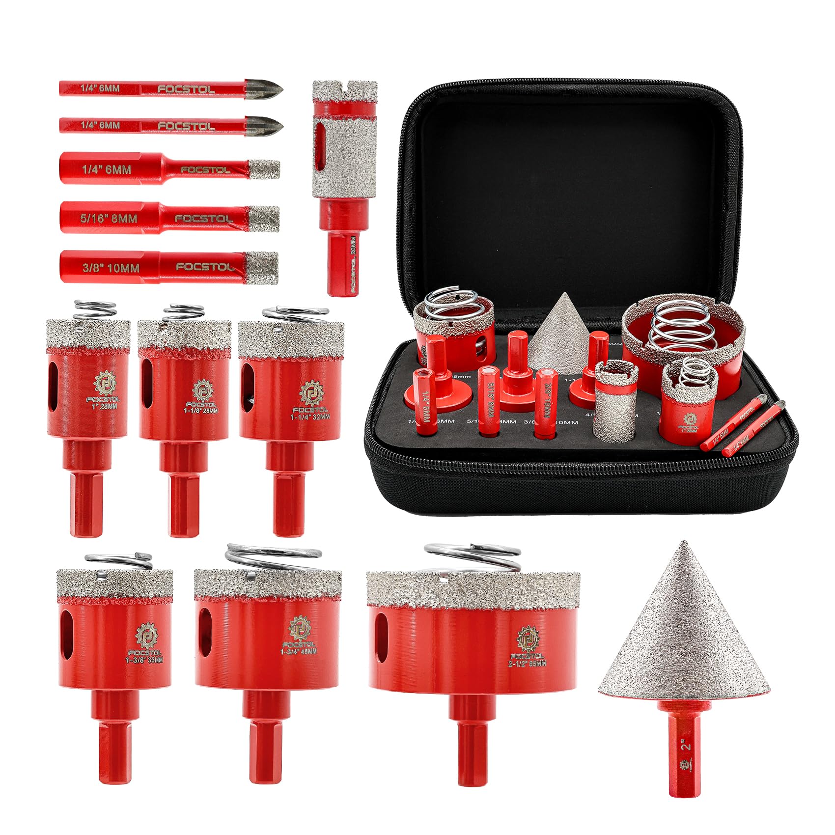 FOCSTOL Tile Hole Cutter Set - Diamond Hole Saw Set for Porcelain Ceramic Tile 13pcs (6/8/10/25/28/32/35/45/65mm+50mm Beveling Chamfer Bit+20mm Drilling Milling Bit+6/6mm Carbide Drill)