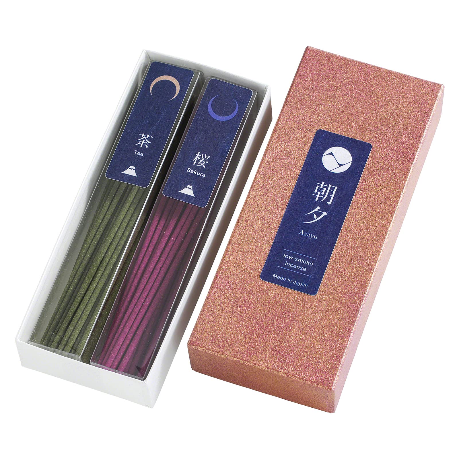 Asayu Japanese Low Smoke Incense Sticks Traditional Fragrance Set - Green Tea and Cherry Blossom - ca. 40 sticks, 20g (2x) - Made in Japan - Quality Variety Pack, Natural Material, Multipack