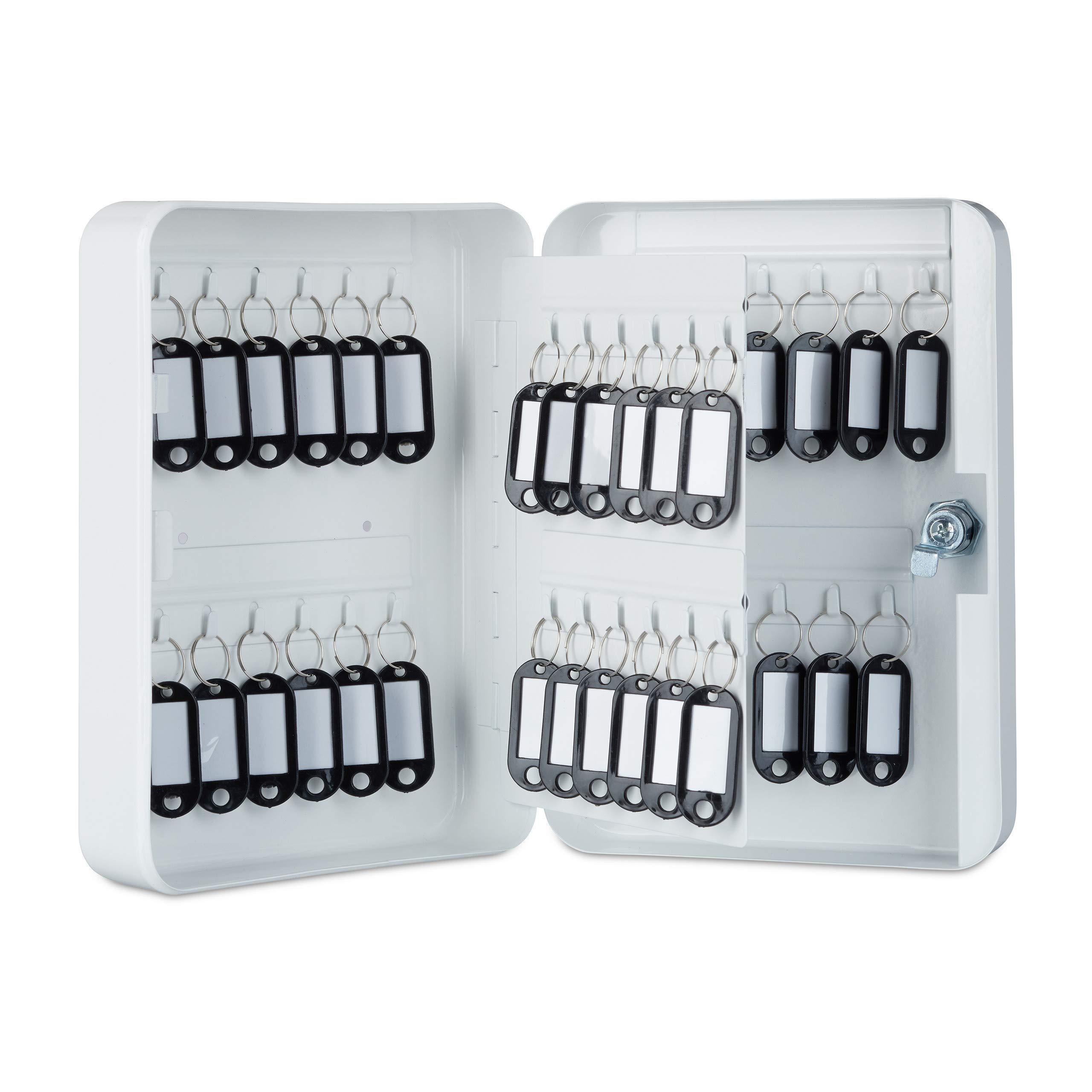 Relaxdays Metal Key Cabinet, Lockable, 48 Hooks with Key Tags, HWD 25x18x7.5 cm, White