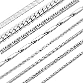 stino 7/8PCs Stainless Steel Chain Necklace Set for Men Women, Silver Tone Necklace Chains Bulk, Figaro Chain, Snake Chain, Cuban Link Chain, Rope Chain.