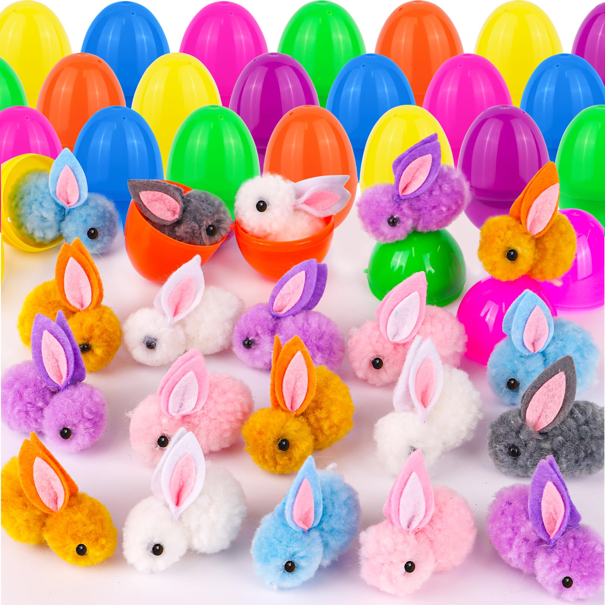 Envotek 24 Pack Easter Eggs Fillers with Bunny Plush, Easter Basket Stuffers with Toys Inside Filled Mini Stuffed Animals Easter Eggs Hunts Party Favors Surprise Toys for Kids Toddlers Boys Girls