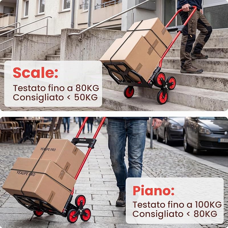 Carrello Saliscale Pieghevole Manico Telescopico 50 kg Rosso