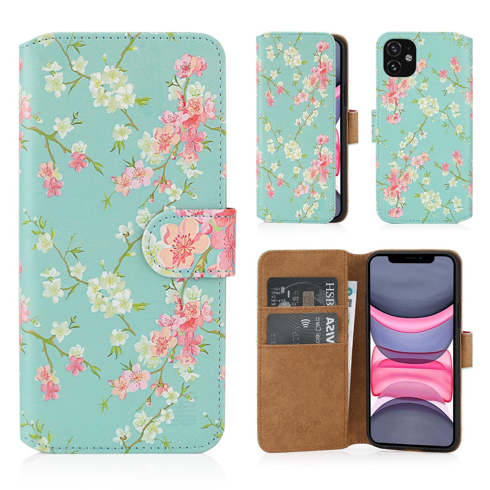 32nd Floral Series 2.0 - Design PU Leather Book Wallet Case Cover for Apple iPhone 11 (6.1"), Designer Flower Pattern Wallet Style Flip Case With Card Slots - Spring Blue
