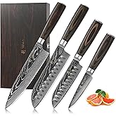 Wakoli EDIB Essentials 4-Piece Damascus Knife Set – Professional Kitchen Knives with VG10 Core, 67-Layer Damascus Steel Blades – Santoku, Chef, Small Santoku & Paring Knife with Pakkawood Handles