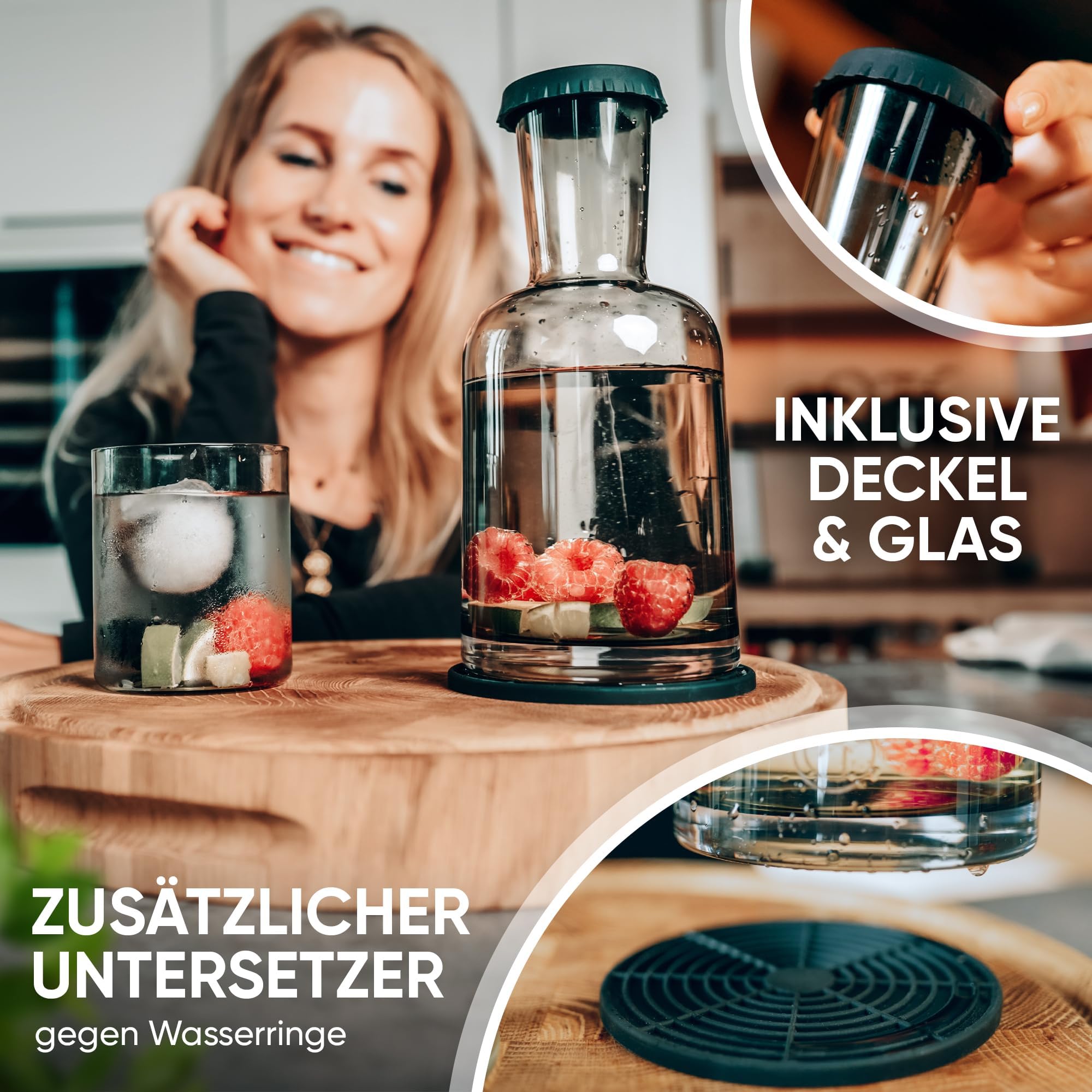 CASA.INARO® edle Glaskaraffe | Wasserkaraffe 1 Liter mit Glas | Wasserkrug | Tropfenfrei | Nachttisch [Karaffen Set mit Untersetzer & Deckel] Als Geschenk zum Geburtstag | Rauchglas grau/grün 4