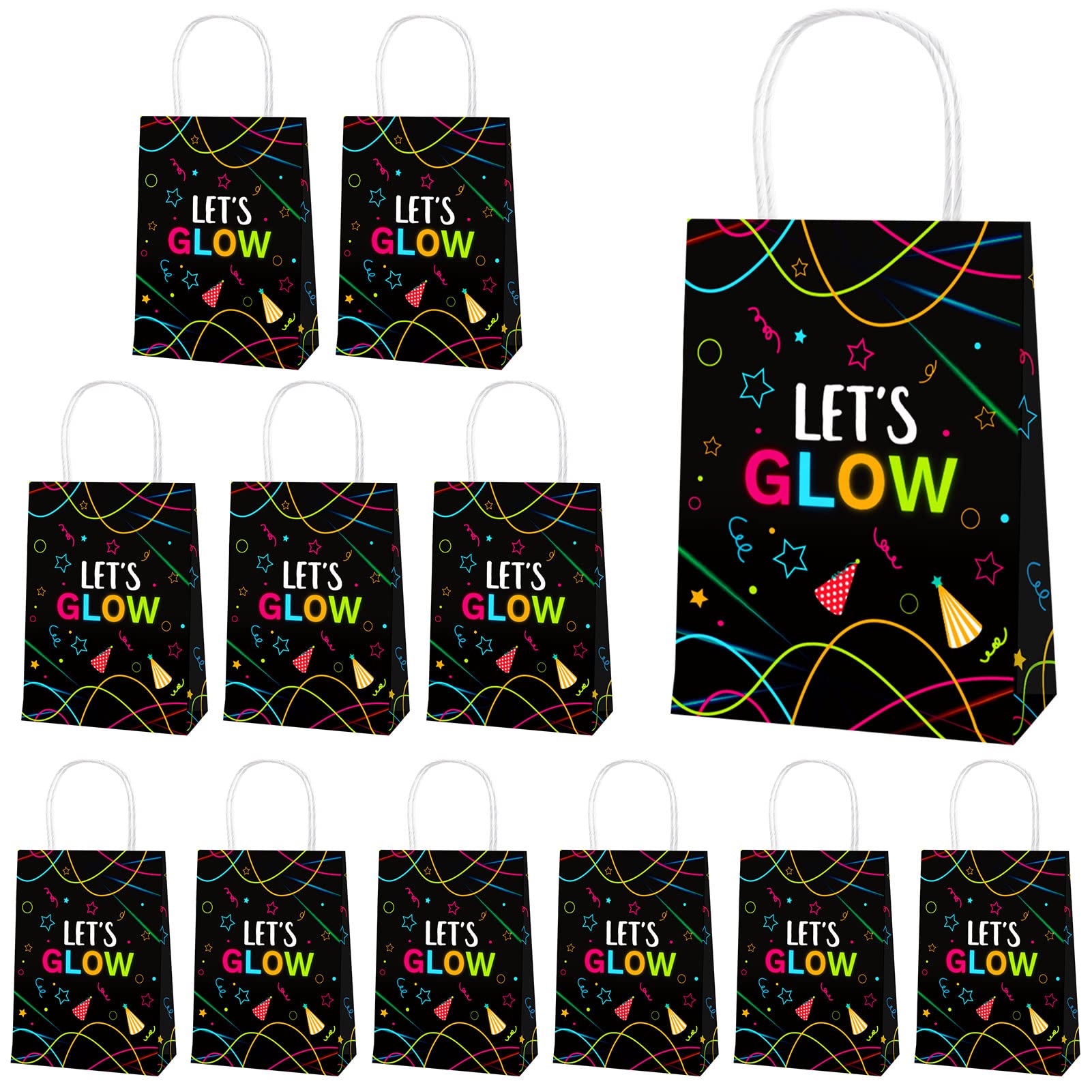 PHOGARY 12PCS Glow in Dark Party Gift Bags, Glow Neon Themed Party Supplies Favors Decorations for Adults/Kids, Let's Glow Candy Wrap Bags
