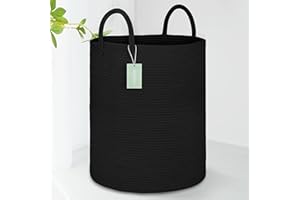 BOSROTY Large Cotton Rope Laundry Hamper 65L, Baby Nursery Hamper Bin with Handles, Woven Storage Basket for Living Room Bedroom, Tall Blanket Basket for Storage Toys Clothes Towels, 16”x 20”,Black