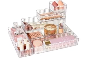 Lot de 7 organiseurs de tiroir transparents polyvalents empilables avec base antidérapante, 4 tailles jusqu'à 25,2 x 16 cm, c