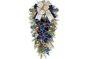 VILLA COMO Christmas Teardrop Swag for Front Door with Blue Poinsettias, Berries, Bow, 27.5" Christmas Swag Wreath for Stair Window Wall Mantel, Artificial Christmas Swags for Xmas, Winter, Holiday Decorations