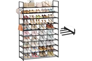 HOMICKER 10-Tier Shoe Organizer - Large Metal Shoe Rack with Hooks, Fits 40-50 Pairs, Ideal for Closet, Entryway, Garage, Bedroom